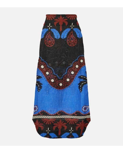 Johanna Ortiz Blue Printed Linen Midi Skirt