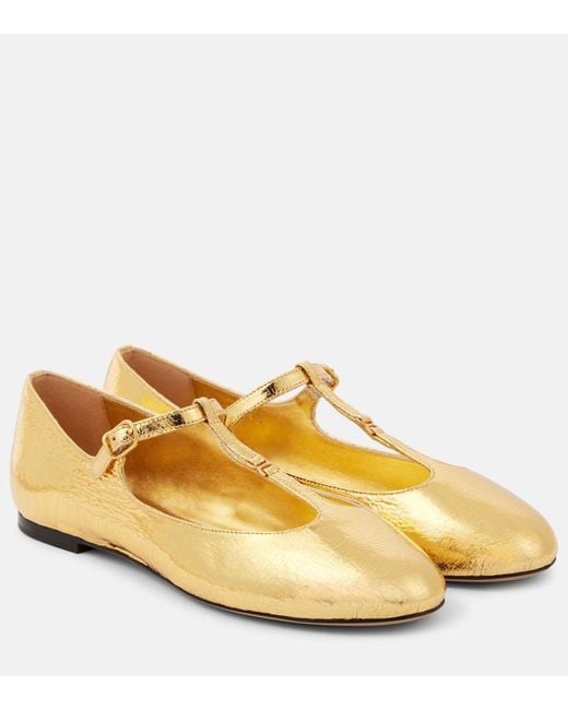 Chloé Yellow Marcie Metallic Leather Mary Jane Flats