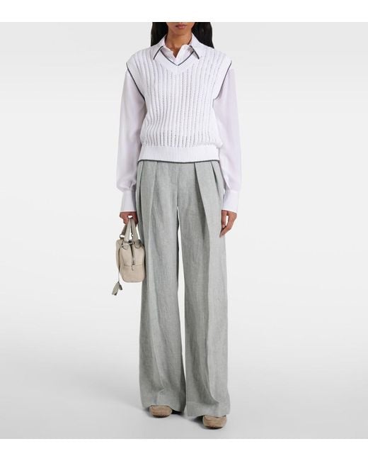 Brunello Cucinelli Gray Linen-Blend Wide-Leg Pants