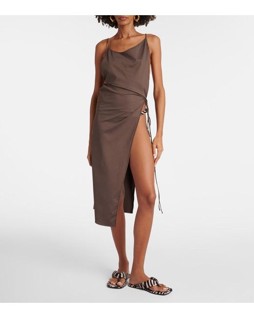 The Attico Brown Side-Slit Gathered Midi Dress