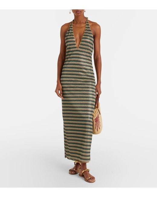 Oseree Metallic Lumiere Striped Halterneck Maxi Dress
