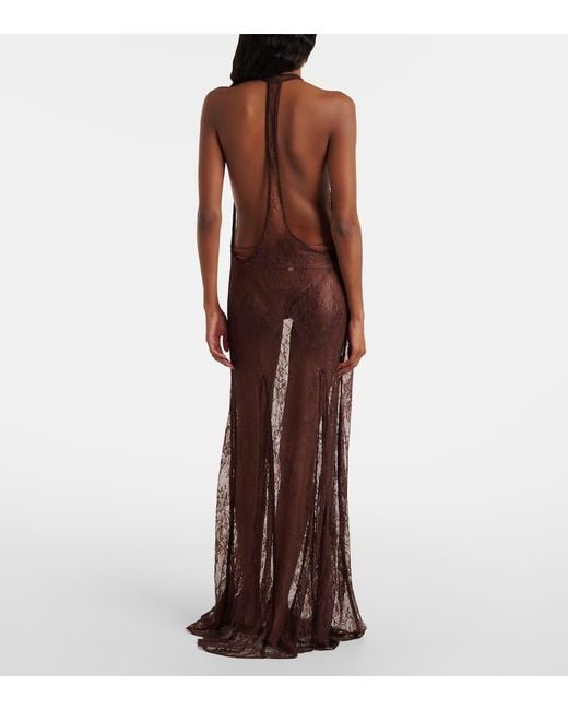 Adriana Degreas Purple Open-Back Sheer Lace Maxi Dress
