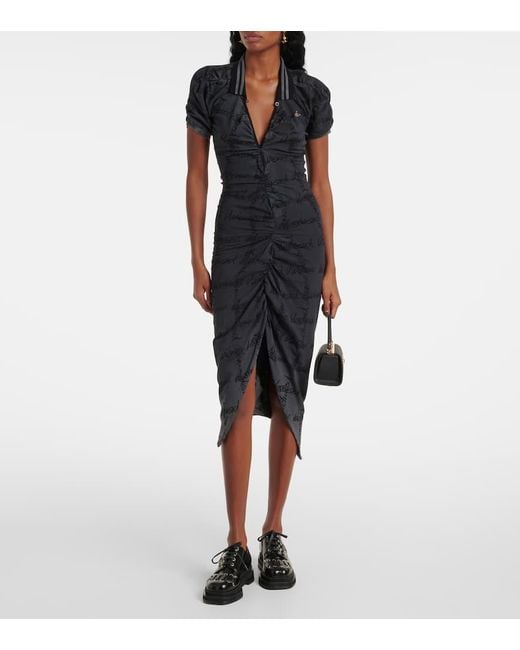 Vivienne Westwood Black Pulling Gathered Cotton Pique Midi Dress