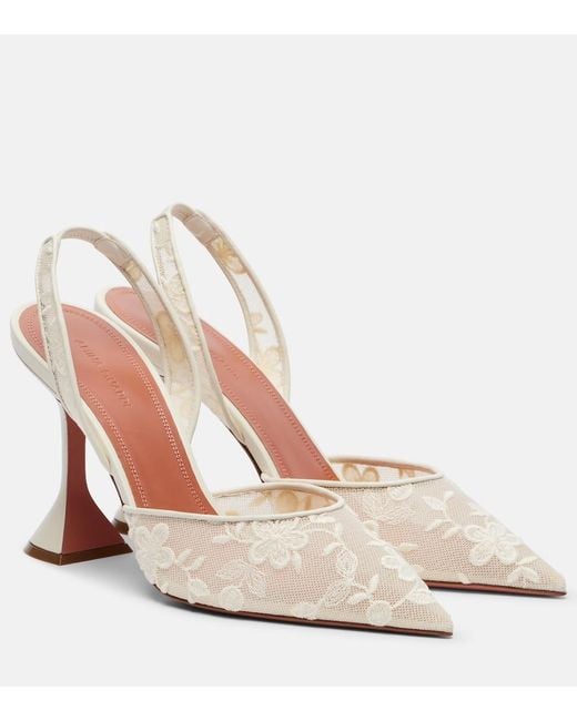 AMINA MUADDI Natural Holli Leather-Trimmed Lace Slingback Pumps