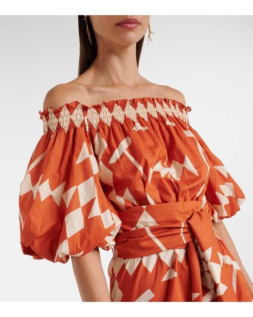 Johanna Ortiz Orange Bedrucktes Midikleid Aus Baumwollpopeline