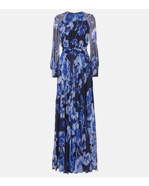 Erdem Blue Floral Pleated Voile Gown
