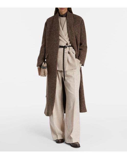 Brunello Cucinelli Natural Belted Wool And Cashmere Wide-Leg Pants