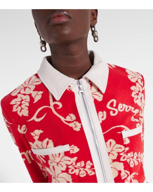 MARINE SERRE Red Leather-trimmed Cropped Jacquard Jacket