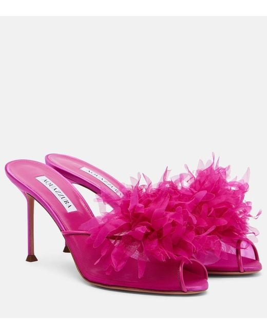 Aquazzura Pink Poeme Floral-Applique Mesh Mules