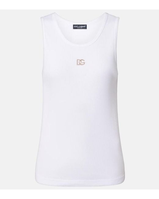 Dolce & Gabbana White Dg Embellished Ribbed-Knit Cotton Tank Top