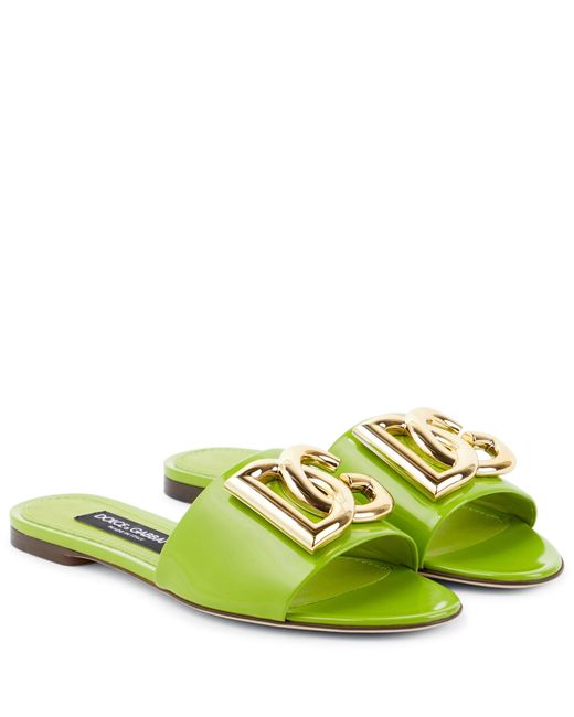 Dolce & Gabbana Green Bianca Logo Leather Slides