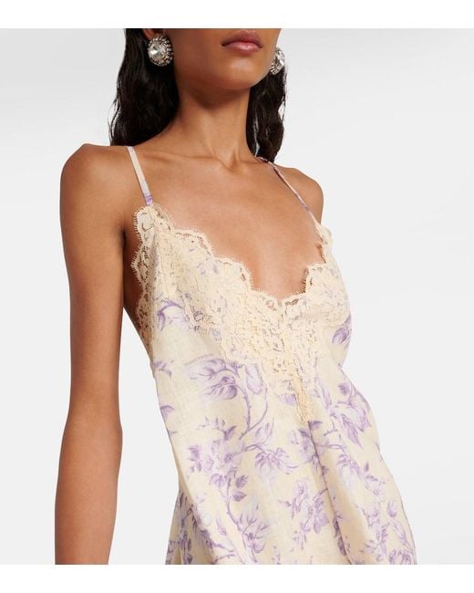 Zimmermann Natural Halliday Lace-Trimmed Floral Linen Slip Dress