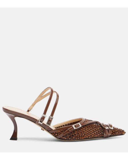 Mach & Mach Brown Crystal Net 65 Leather-Trimmed Mules