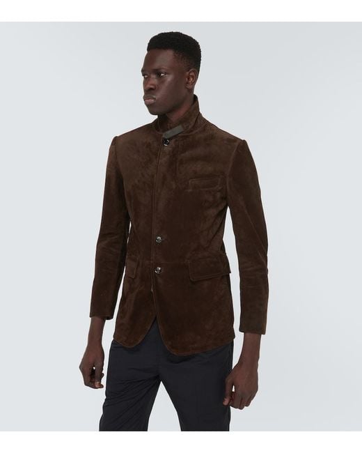 Tom Ford Brown Leather-Trimmed Suede Blazer for men