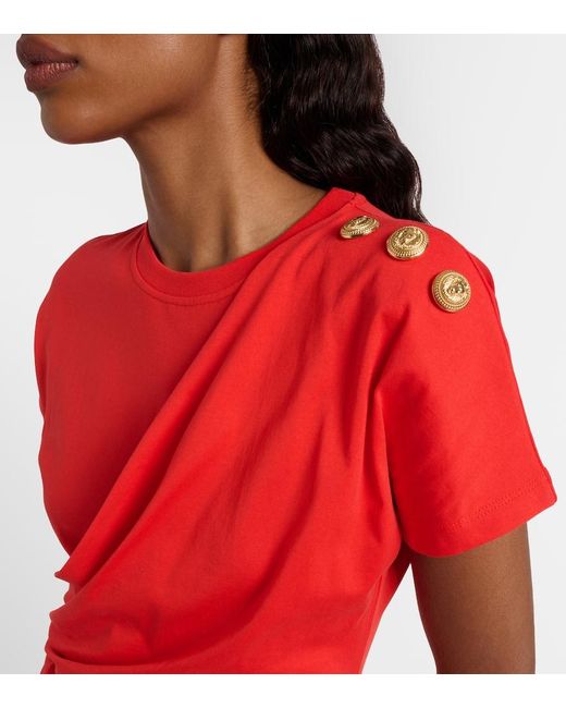 Camiseta De Jersey De Algodon Drapeado Balmain de color Red