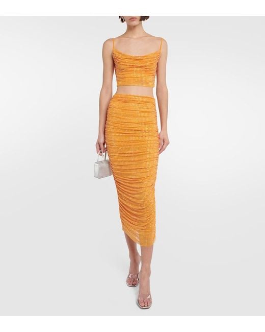 Self-Portrait Orange Embellished Ruched Midi Skirt