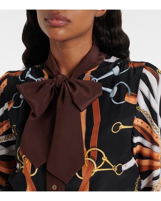 Gucci Brown Printed Tie-Neck Silk Shirt Dress