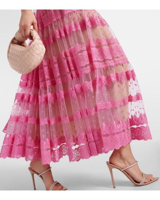 Vestido midi de encaje bordado Elie Saab de color Pink