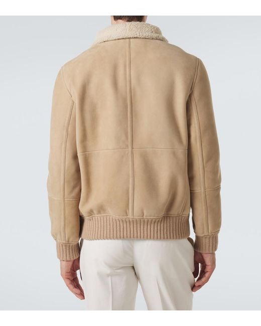 Brunello Cucinelli Natural Shearling-Lined Suede Bomber Jacket for men