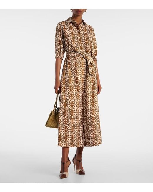 Max Mara Natural Luxgi Belted Printed Cotton Midi Dress