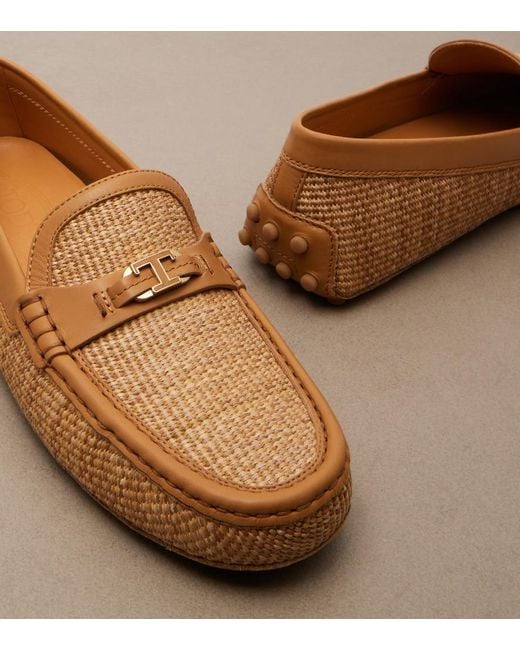Tod's Brown Gommino Leather-Trimmed Raffia Loafers