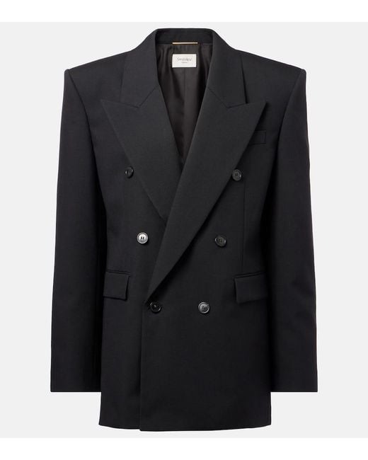 Blazer Cruzado En Lona De Lana Saint Laurent de color Black