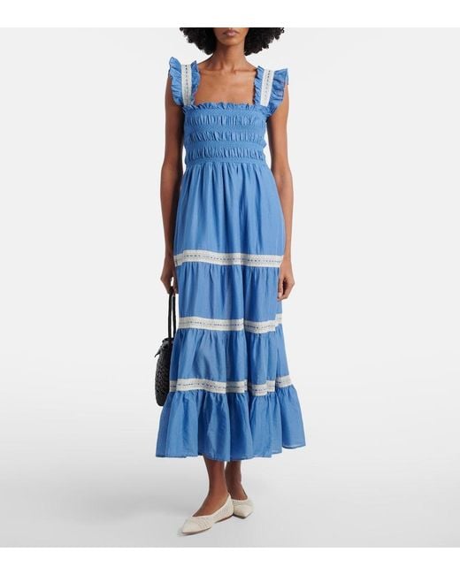 Rixo Blue Aubrie Lace-Trimmed Cotton Voile Midi Dress