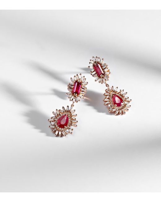 Suzanne Kalan Pink Doublet 18Kt Rose Drop Earrings With Rubies And Diamonds