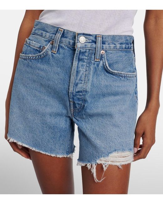 Agolde Blue Parker Long Distressed Denim Shorts