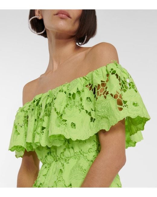 Self-Portrait Green Off-Shoulder Cotton Lace Minidress