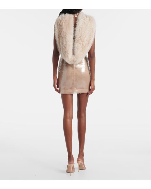 David Koma Natural Sequined Faux Fur Minidress