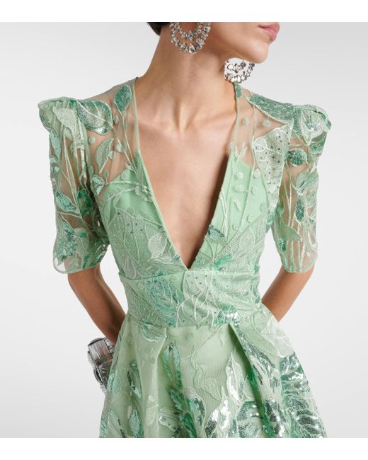 Elie Saab Green Sequin-embellished Embroidered Tulle Midi Dress