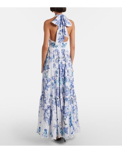 Camilla Blue Embellished Halterneck Cotton Poplin Maxi Dress