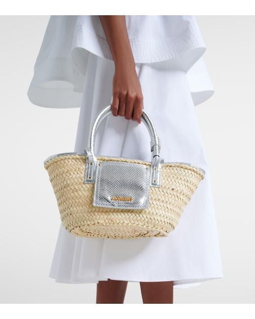 Jacquemus White Soli Medium Croc-Effect Raffia Basket Bag