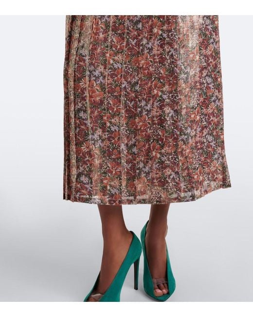 Valentino Brown Floral Pleated Silk-Blend Lame Midi Skirt