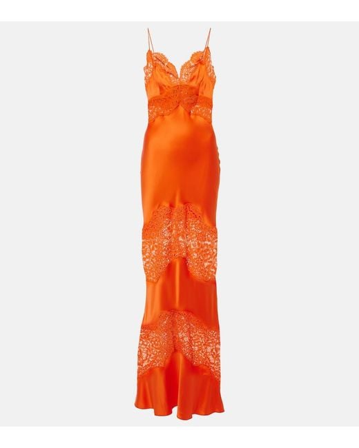 Rebecca Vallance Orange Adira Lace-Trimmed Silk Satin Slip Dress