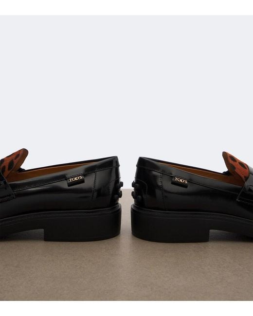 Tod's Black Leather Leopard-Print Penny Loafers