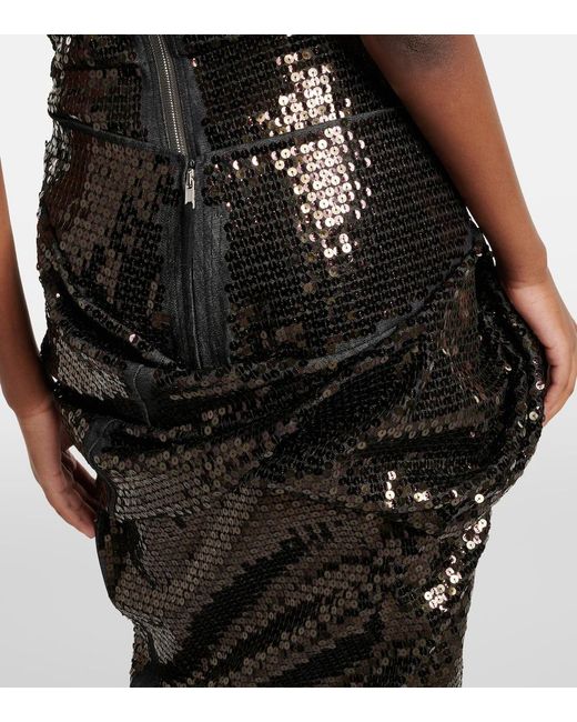 Rick Owens Black Draped Sequined Denim Midi Skirt