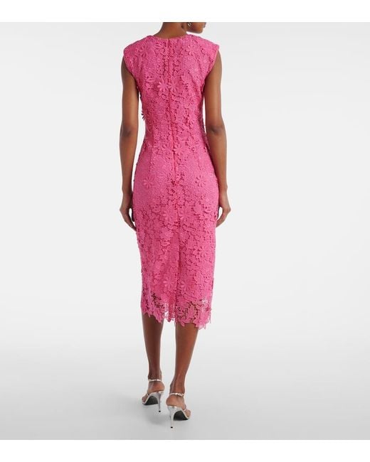 Monique Lhuillier Pink Hibiscus Floral Lace Midi Dress