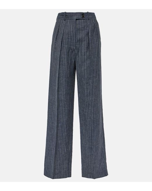 Pantaloni regular in lino, lana e seta a vita alta di Loro Piana in Blue
