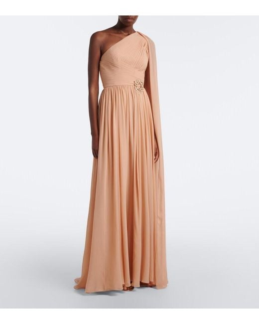Elie Saab Pink Embellished Plisse One-Shoulder Silk Gown
