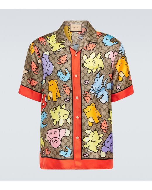 Gucci Multicolor GG Print Silk Bowling Shirt for men