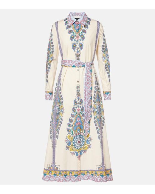 Etro White Cotton Chemise Midi Dress With Paisley Print