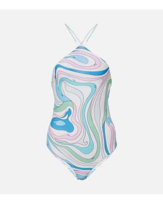 Emilio Pucci Blue Printed Halterneck Swimsuit