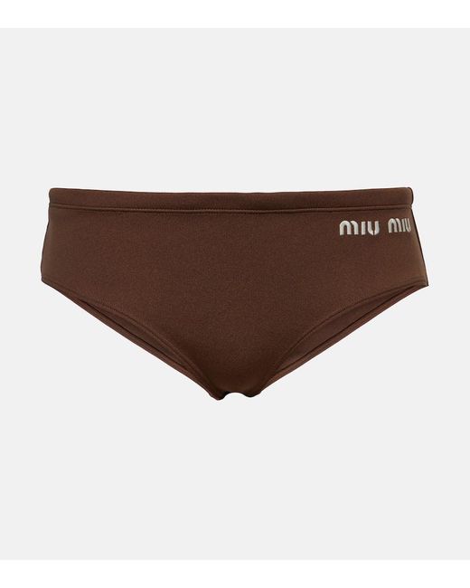 Slip bikini con logo di Miu Miu in Brown