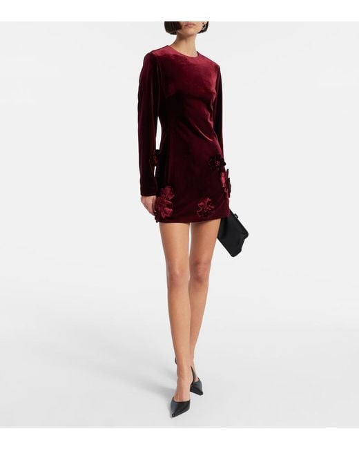 LEO LIN Red Aliza Floral-Applique Velvet Minidress
