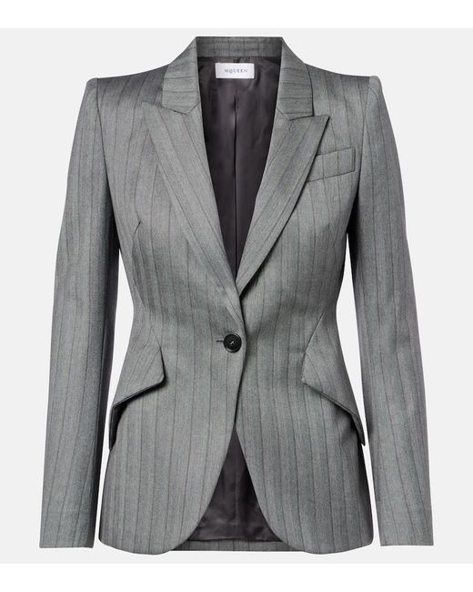 Alexander McQueen Gray Herringbone Pinstripe Wool Blazer