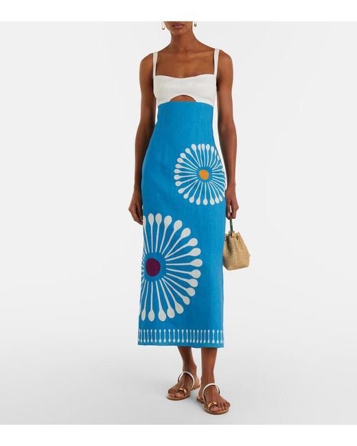 Cala De La Cruz Blue Nara Cutout Floral Linen Midi Dress
