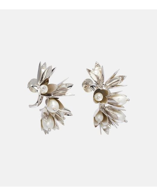 Simone Rocha Metallic Floral Faux Pearls Hoop Earrings