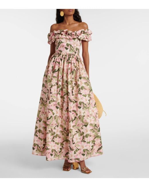 Agua Bendita Metallic Espliego Floral Cotton Maxi Dress